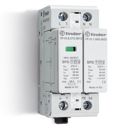 Ogranicznik przepięć B+C Typ 1+2 1,2/1,5kV 230V AC, warystor + iskiernik L-N/N-PE() 7P.12.8.275.1012 - Finder