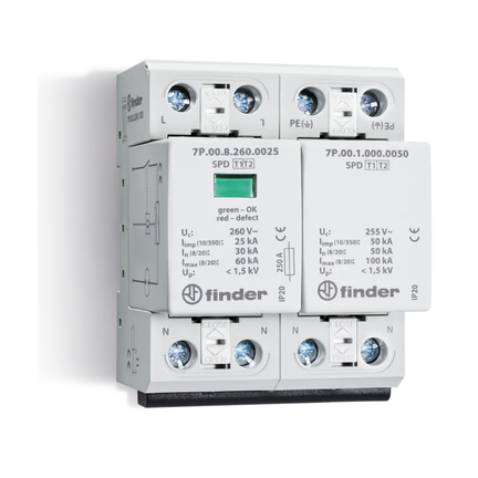 Ogranicznik przepięć B+C Typ 1+2 1,5kV 230V AC, kombinacja 1xwarystor+iskiernik (L-N/N-PE) 7P.02.8.260.1025 - Finder