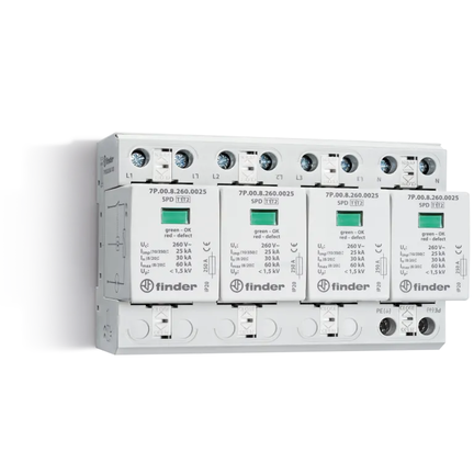 Ogranicznik przepięć B+C Typ 1+2 25/30kA 1,5kV 230V AC, kombinacja 4xwarystor+iskiernik (L,N-PE) 7P.05.8.260.1025 - Finder