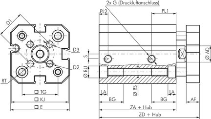 Siłownik kompaktowy ISO21287, z prowadzeniem D25x100 - EMC