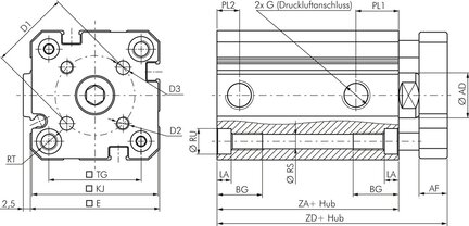 Siłownik kompaktowy ISO21287, z prowadzeniem D40x30 - EMC