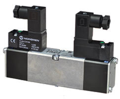 Mini elektrozawór ISO, rozmiar 26 mm, 2×3/2, NC/NC, ster. elektromagn./powrót sprężyną i sterowanie pneumatyczne, powrót sprężyną (V45AA11D-C318A) - Norgren