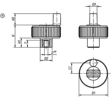 Kółko Radełkowane z rękojeścią termoplast ciemnoszary RAL 7021 (06268-2106) - Norelem