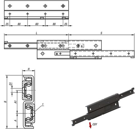 Prowadnica Teleskopowa forma s stal łożyskowa (21342-430770) - Norelem