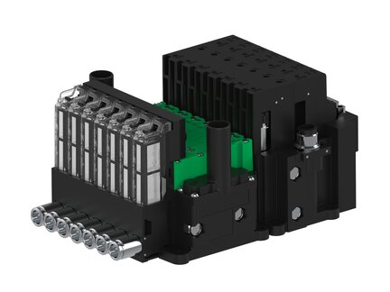 Eżektor piCOMPACT10X MICRO dod. wys, przepływ podciśnienia, podwójny, 7 kanałów, 2xzłącze 1/4", NC próżnia, (PC.T.MC2.S.EBX.S114.7X.214.EC.CP44) (9942914) - Piab