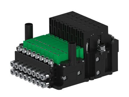 Eżektor piCOMPACT10X MICRO dod. wys, przepływ podciśnienia, podwójny, 8 kanałów, 2xzłącze 1/4", NC próżnia i przedmuch, (PC.T.MC2.S.DAX.X34.8X.214.EC.CCN44) (9914258) - Piab