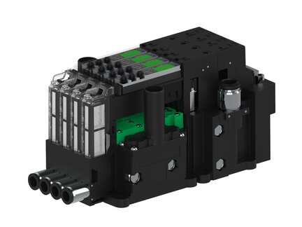 Eżektor piCOMPACT10X MICRO dod.poziom podciśnienia, pojedynczy, 4 kanały, 2xzłącze Ø8, NC próżnia, (PC.X.MC1.S.EBA.X16.4X.28.EC.CP26) (9914791) - Piab