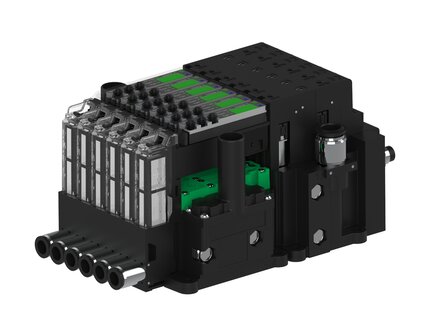 Eżektor piCOMPACT10X MICRO dod. wys, przepływ podciśnienia, pojedynczy, 6 kanałów, 2xzłącze Ø8, NC próżnia i przedmuch, (PC.T.MC1.S.DBA.S16.6X.28.EC.CCPA) (9931940) - Piab