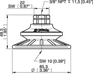 Przyssawka mieszkowa BFF80TP, PU55°/60°/30°. 3/8" NPT wew., filtr siatkowy, (BFF80TP.5S.N49MR) (0206689) - Piab