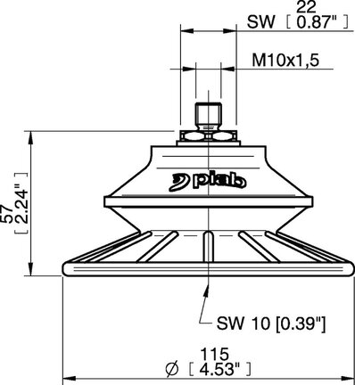 Przyssawka mieszkowa BFF110P, PU55°/60°, M10x1,5 zew., filtr siatkowy, (BFF110P.5R.M10MR) (0207216) - Piab