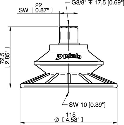Przyssawka mieszkowa BFF110TP, PU55°/60°/30°, G3/8" wew., filtr siatkowy, L=17 mm, (BFF110TP.5S.G78MR) (0207204) - Piab