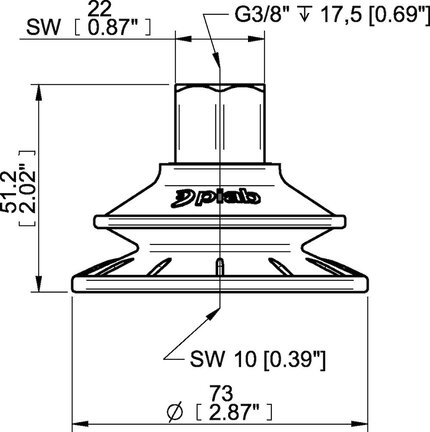 Przyssawka mieszkowa BFFT70P, PU60°/60°/30°, G3/8" wew., filtr siatkowy L=17 mm, (BFFT70P.5S.G78MR) (0209191) - Piab