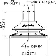Przyssawka mieszkowa BFFT70P, PU60°/60°/30°, G3/8" wew., filtr siatkowy L=17 mm, (BFFT70P.5S.G78MR) (0209191) - Piab