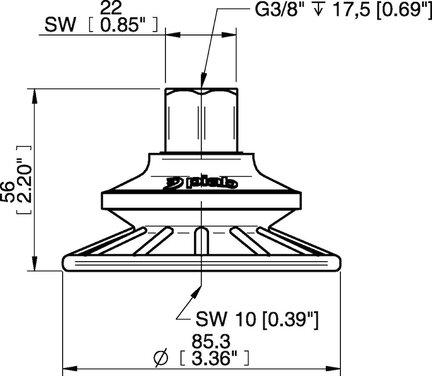 Przyssawka mieszkowa BFF80TP, PU55°/60°/30°, G3/8" wew., filtr siatkowy, L=17 mm, (BFF80TP.5S.G78MR) (0207263) - Piab