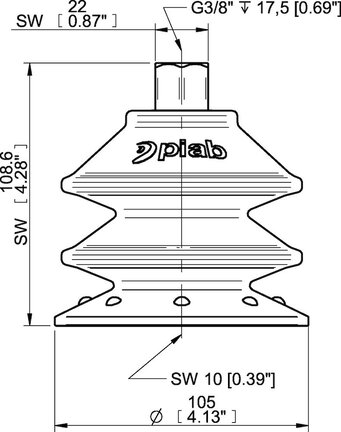Przyssawka wielomieszkowa BX105P, PU60°, G3/8" wew., filtr siatkowy, L=17 mm, (BXF105P.5Y.G78MR) (0209425) - Piab