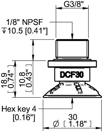 Przyssawka głęboka wklęsła DCF30P, PU60°, G3/8" zew. - 1/8" NPSF wew., (DCF30P.5Y.G82W) (0210590) - Piab
