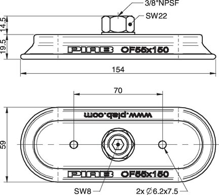 Przyssawka owalna płaska OF55x150P, PU60°, 3/8" NPSF wew., (OF55x150P.5E.N40W) (0108036) - Piab