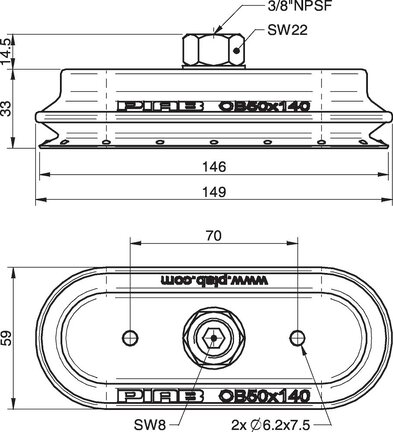 Przyssawka owalna mieszkowa OB50x140P, PU30°/60°, 3/8" NPSF wew., (OB50x140P.5K.N40W) (0109859) - Piab