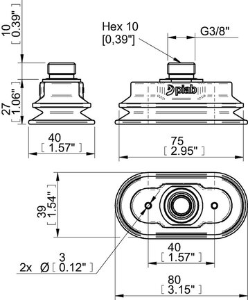 Przyssawka owalna mieszkowa OBF40X80P, PU60°, G3/8" zew., filtr siatkowy, (OBF40x80P.5X.G40M) (0211404) - Piab
