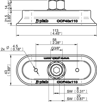 Przyssawka owalna wklęsła OCF40x110P, PU55°/60°, G3/8" wew., (OCF40x110P.5R.G46W) (0122860) - Piab