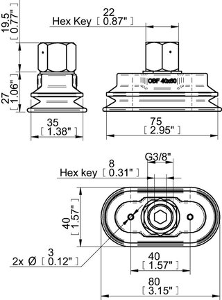 Przyssawka owalna mieszkowa OBF40X80P, PU60°, G3/8" wew., 17mm, (OBF40x80P.5X.G62W) (0212802) - Piab