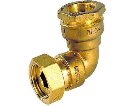 Kolanko 90°, DECA, z pierścieniem zaciskowym, z nakrętką obrotową, 25x1", mosiądz, seria 800 (800165) – Sferaco