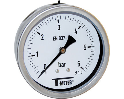 Manometr z obudową nierdzewną, tarcza D100, przyłącze tylne 1/2", zakres 0–6 bar, seria 1625 (1625005) – Sferaco