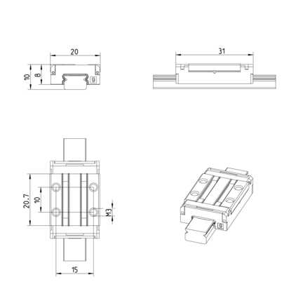 Wózek kulkowy miniaturowy, SNS, wielkość konstr. 9, resist NRII, precyzyjna dokładność, MWA-009-SNS-C1-P-3 (R044281200) - Bosch-Rexroth