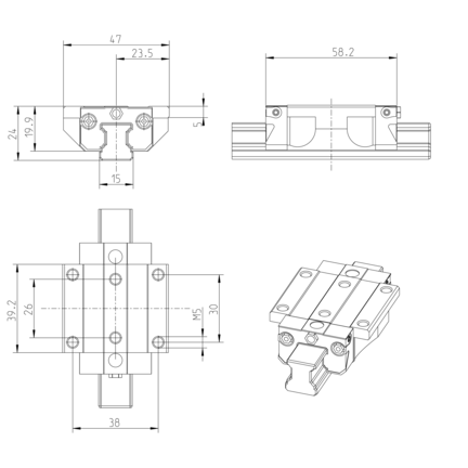 Wózek kulkowy, FNS, wielkość konstr. 15, aluminium, wysoka dokładność, z łańcuchem kulkowym, KWD-015-FNS-C1-H-1 (R163111322) - Bosch-Rexroth