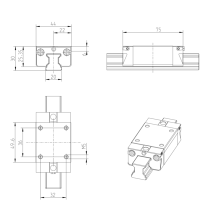 Wózek kulkowy, SNS, wielkość konstr. 20, stal CS, wysoka dokładność, bez łańcucha kulkowego, KWD-020-SNS-C1-H-1 (R162281321) - Bosch-Rexroth