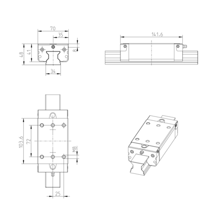 Wózek wałeczkowy, SLS, wielkość konstr. 35, stal CS, wysoka dokładność, RWD-035-SLS-C2-H-2-AS (R18233232A) - Bosch-Rexroth