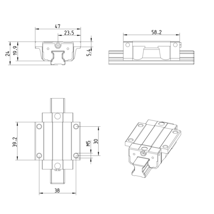 Wózek kulkowy Compact Line, FNS, wielkość konstr. 15, stal CS, dokładność: normalna, KWE-015-FNS-C1-N-1 (R205A11420) - Bosch-Rexroth