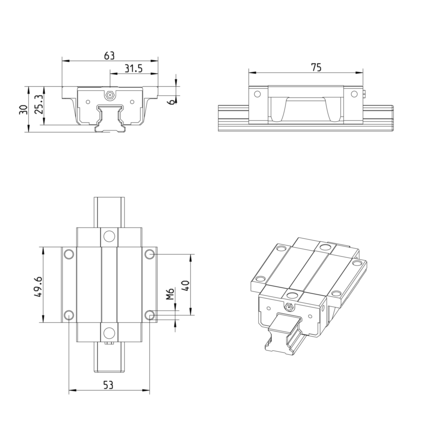 Wózek kulkowy Compact Line, FNS, wielkość konstr. 20, stal CS, dokładność: precyzyjna, KWE-020-FNS-C2-P-1 (R205A82220) - Bosch-Rexroth