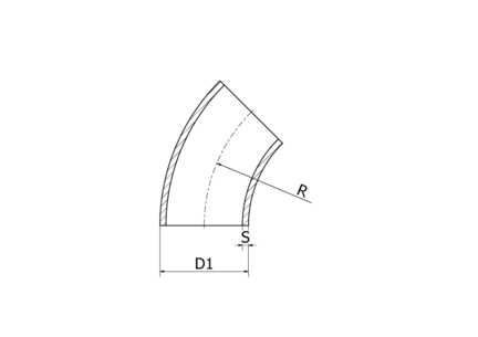 Kolanko 45° 22 x 1.5 mm R=40.0, 4404/316L, DIN 11852, krótki, R=40, satynowy, Ra 0,8 um, FD+, hartowane - Air-Com