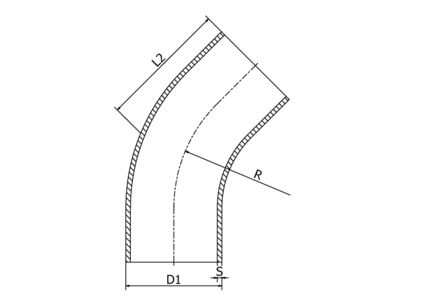 Kolanko 45° 70 x 2 mm R=80.0, 4404/316L, DIN 11852 BL / EN 10374 BL, długi, R=80, satynowy, Ra 0,8 um, FD+, hartowane - Air-Com