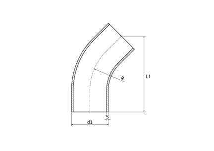Kolanko 45° 38 x 1.2 mm R=57.2, 4404/316L, ISO / EN10374 BL, długi, R=57,2, matowy, Ra 0,8 um, FD+, hartowane - Air-Com