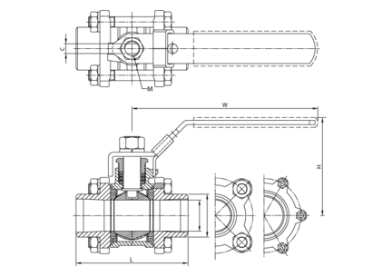 Zawór kulowy 1" / DN 25 3-częściowy, przelot pełny, końce d, 316, PN63, DN 25, do spawania - Air-Com