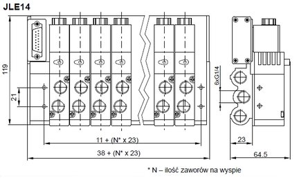 Wyspa zaworowa z zaworami JLE, Multipin n=8, 5/2 G1/4 24VDC