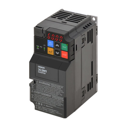 M1 Napęd AC, 0,75/1,1 kW (HD/ND), 5,0/6 A (HD/ND), 200 VAC, wejście 3~, sterowanie OLV/CLV, STO (przewodowe), maks. częstotliwość wyjściowa 590 Hz (3G3M1-A2007) - Omron