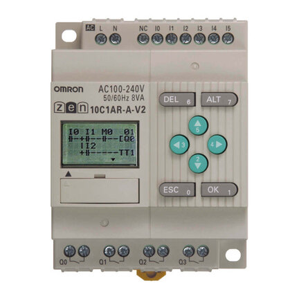 Przekaźnik programowalny, zasilanie 100-240 VAC, 6 wejść 100-240 VAC, 4x wyjścia przekaźnikowe 5 A, RTC, wyświetlacz LCD (ZEN-10C1AR-A-V2) - Omron