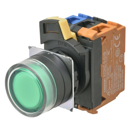 Przycisk A22NL śr. 22, ramka plastikowa, PEŁNA OCHRONA, MOMENTOWY, kolor CZAPKI przezroczysty zielony, LED zielony, 2NO, 24 VDC (A22NL-BGM-TGA-G101-GC) - Omron