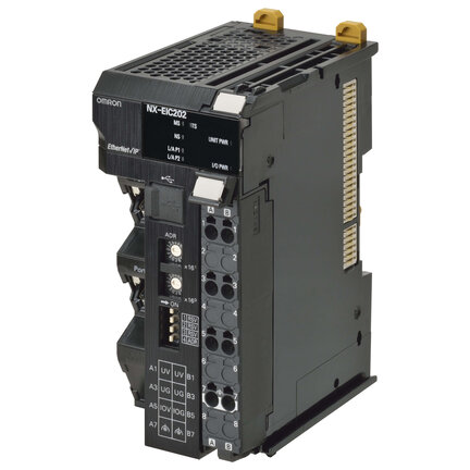 Łącznik EtherNet/IP serii NX, 2 porty, obsługa zabezpieczeń lokalnych, 63 moduły We/Wy, maks. prąd We/Wy 10 A, bezśrubowy łącznik wtykowy, dostarczany z pokrywą końcową (NX-EIC202) - Omron