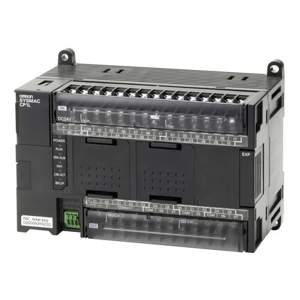 PLC, zasilanie 24 VDC, 24 x wejścia 24 VDC, 16 x wyjścia PNP 0,3 A, 2 x wejścia analogowe, 10K kroków programu + 32K słów pamięci danych, 1 x port Ethernet (CP1L-EM40DT1-D) - Omron