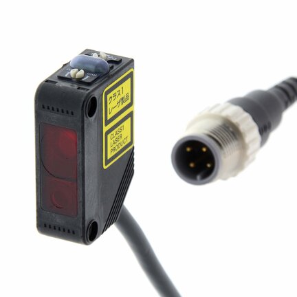 Czujnik fotoelektryczny, prostokątna obudowa, czerwony laser klasy 1, tłumienie tła, wersja szybka, 300 mm, PNP, Light-ON/Dark-ON, złącze pigtail M12, 0,3 m (E3Z-LL83-M1J 0.3M) - Omron