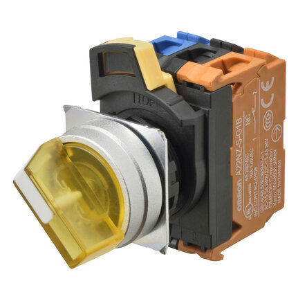 Selektor A22NW śr. 22, 3 pozycyjny, podświetlany, ramka szczotkowana M, AUTO RESET ON LEFT, kolor żółty, LED żółty, 2NC, 24 VDC (A22NW-3ML-TYA-G202-YC) - Omron