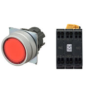 Przycisk A22NL śr. 22, ramka metal szczotkowany, PŁASKI, MOMENTOWY, kolor czerwony przezroczysty, LED czerwony, 1NO1NC, 24 VDC, terminal wtykowy (A22NL-MNM-TRA-P102-RC) - Omron