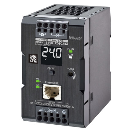 Zasilacz typu książkowego, 90 W, 24 VDC, 3,75 A, montaż na szynie DIN, terminal pchający, powlekany, wyświetlacz, zgodność z Ethernet IP / Modbus TCP (S8VK-X09024A-EIP) - Omron
