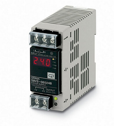 Zasilacz, 60 W, wejście 100-240 VAC, wyjście 24 VDC, 2,5 A, montaż na szynie DIN, wyświetlacz cyfrowy z funkcją napięcia i prądu pracy, prądu szczytowego (S8VS-06024B) - Omron
