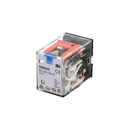 Przekaźnik, Wtyczka, 8-stykowy, DPDT, 10 A, wskaźniki mechaniczne i LED, blokowany przycisk testowy, 24 VDC (MY2IN-GS-R DC24) - Omron