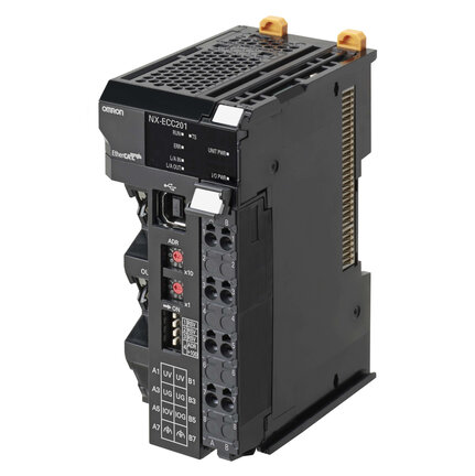 Łącznik EtherCAT serii NX, 2 porty, czas cyklu 250 µs, 63 moduły We/Wy, maks. prąd We/Wy 4 A, bezśrubowy łącznik wtykowy, dostarczany z pokrywą końcową (NX-ECC201) - Omron